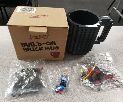 BUILD-ON Building Bricks Mug Coffee Cup Black Lumsburry Jie Star Minifig Ski New