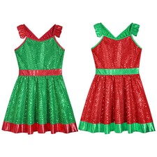 Kids Girls Christmas Costume Sleeveless A-line Dress Colorblock Festival Shiny