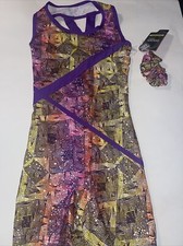 Girl's Danskin Now Biketard Purple Orange Silver Foil Star Sleeveless Leotard