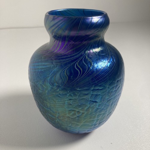 Orient & Flume Blue Iridescent Blue Crackle Green Feather Swirl Vase RARE 7" COA - Afbeelding 5 van 18