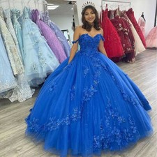 Royal Blue Quinceanera Off Shoulder Dress 3D Flower Wedding Dress Sweet 16