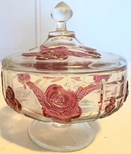 VTG Westmoreland Glass Ruby Stain Rose & Lattice Pattern Covered Candy Dish