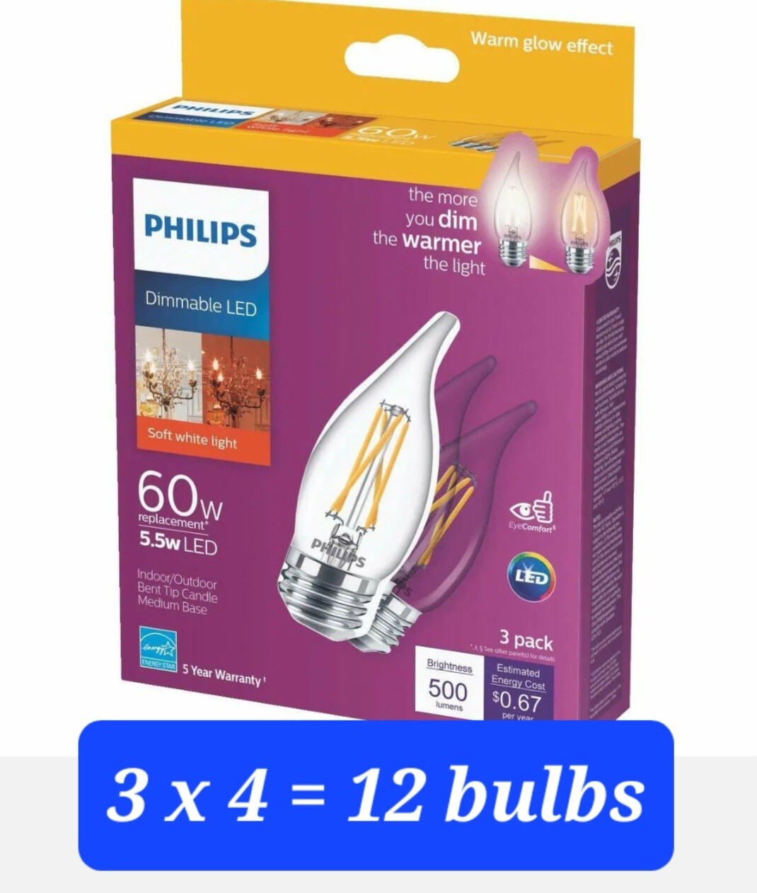 Philips 5.5w Dimmable LED Soft White 12 bulbs E26 2700K 500 lumen in/outdoor 60W