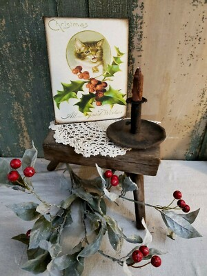 #ad ADORABLE VINTAGE PRIMITIVE FOLK ART COLONIAL CHRISTMAS WISHES CAT PC CANVAS SIGN $13.75