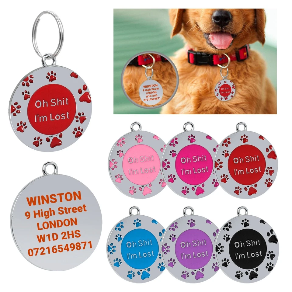 BLITZ MARKET Paw Round Dog Tag "Oh Shit,I'm Lost" Personalised ID Name Engraved Cat Dog Tags
