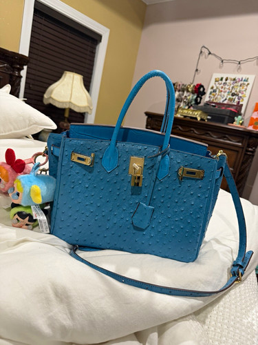 Blue Ostrich Pattern Satchel Top Handle Bag Detachable Strap hand sewn