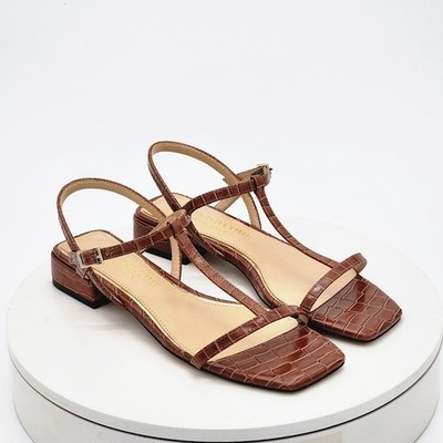 Things II Come Alexandra-SY Brown Croc Embossed T-Strap Sandals Women's Size 6.5