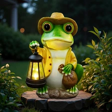Solar Garden Outdoor Frog Statue 10 Inches Tall with Handheld Lanterns