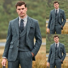 Tweed Men's Suits Wool Blend 3Pcs Vintage Blazer Prom Party Tuxedos 1980s Jacket
