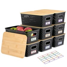 8 Packs Plastic Storage Bins with Bamboo Lids - Stackable Storage Bins Decora...