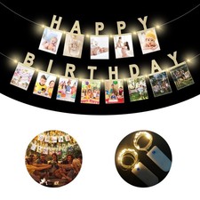 Birthday Photo Banner with 2 Strings of Fairy Lights for Children and Adult B...