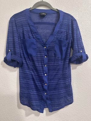  bebe Blue Striped Sheer Button V-Neck 3/4 Roll Tab Sleeve Women's Blouse Size S