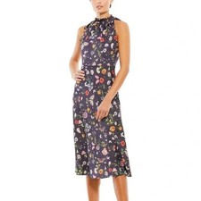 NWT, Ieena for Mac Duggal 55629 Navy Floral Print Tie Neck Midi Dress 10 #MD088