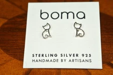 Boma Sterling Silver 925 Cat Sitting Earrings for Pierced Ears New Kitten Stud