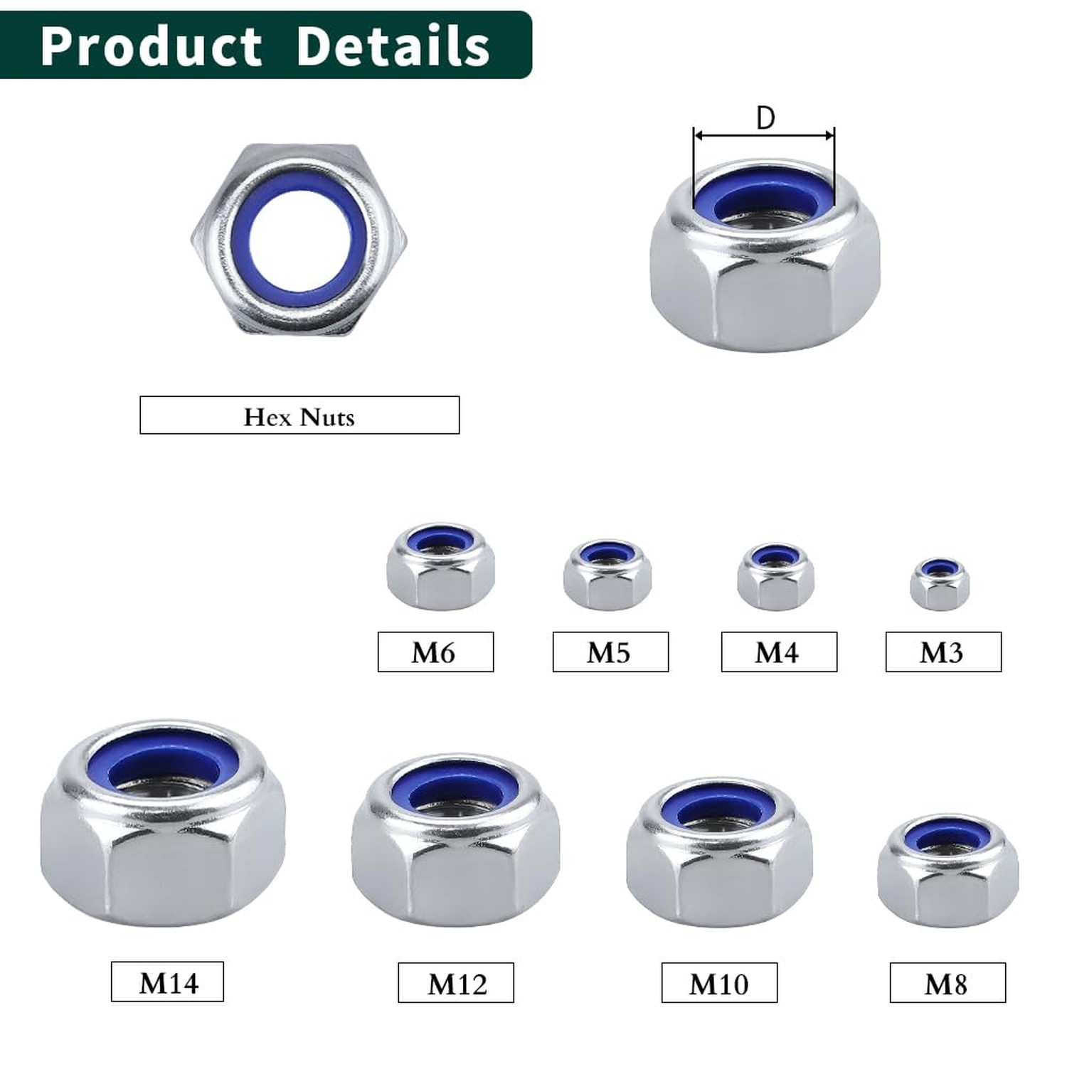 M8-1.25 (20 pcs) Nylon Insert Hex Lock Nuts 304 Stainless Steel 18-8 Locknut,...