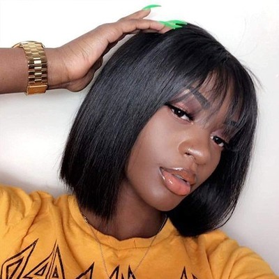 Brazilian Virgin Straight Short Bob Wigs with Bangs None Lace Front Wigs