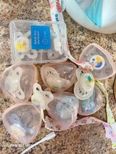 MAM pacifiers set 9-6 months, 1 newborn, 3 straps, 1 sterilizer box,  6 cases,