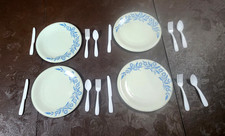 Vintage Corning Ware Blue Cornflower Kids Kitchen Plates -Silverware- Set of 4