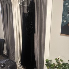 Fashion Nova Black Velvet Gown L One Shoulder Feather Ruched Maxi Dress