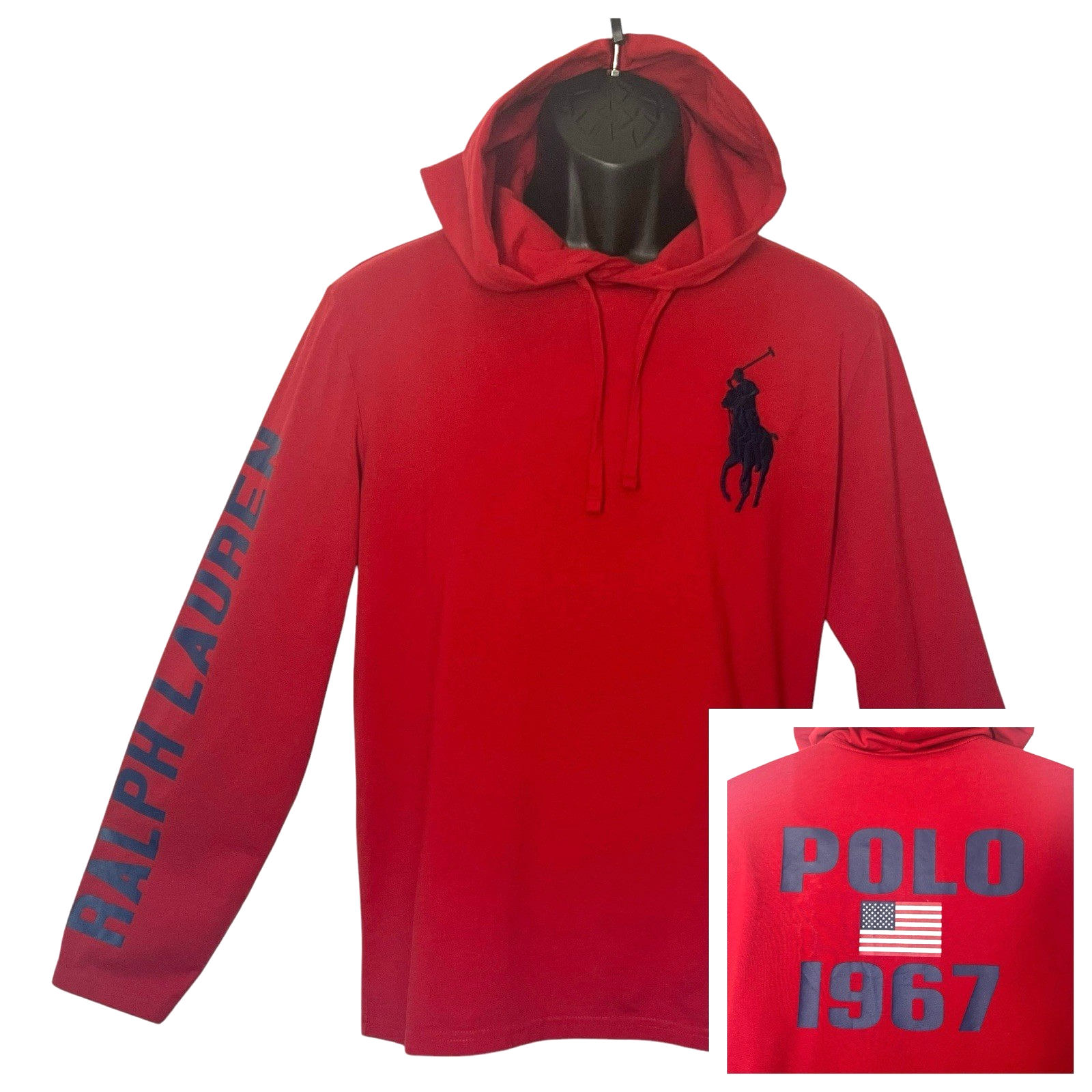 Polo Ralph Lauren Felpa con Cappuccio Big Pony Bandiera USA 1967 Med Patriotic Pullover Spell out