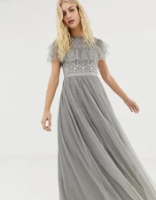 New Needle & Thread embroidered bodice tulle gown in ash gray Size UK12 US8
