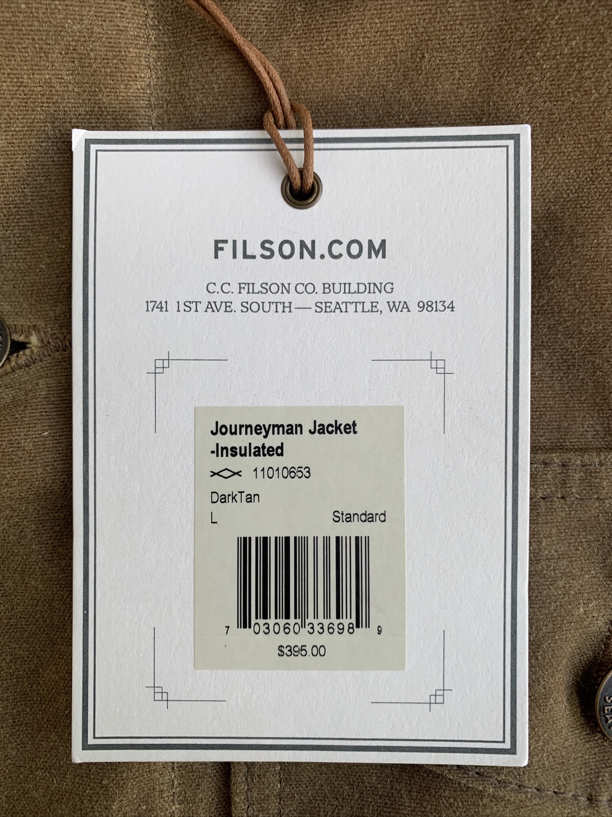 NEW Filson Insulated Journeyman Jacket Large Dark Tan Coat Lined Tin Cloth USA | eBay