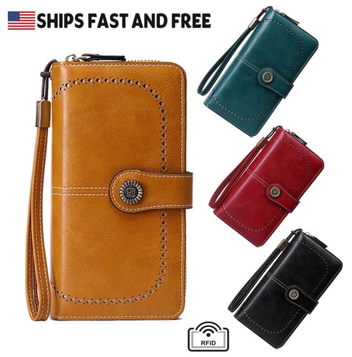 Womens Leather Wallet Clutch Card Holder Purse Handbag RFID Blocking Bifold Gift