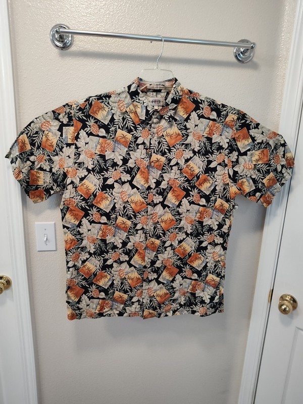 Vintage CAMPIA MODA Men's Hawaiin Black Palm Tree Pineapple Large 100% Rayon