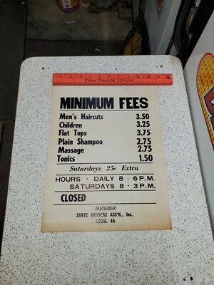 Vintage STATE BARBERS ASS''N , INC LOCAL 45 Minimum Fees Cardboard Advertising