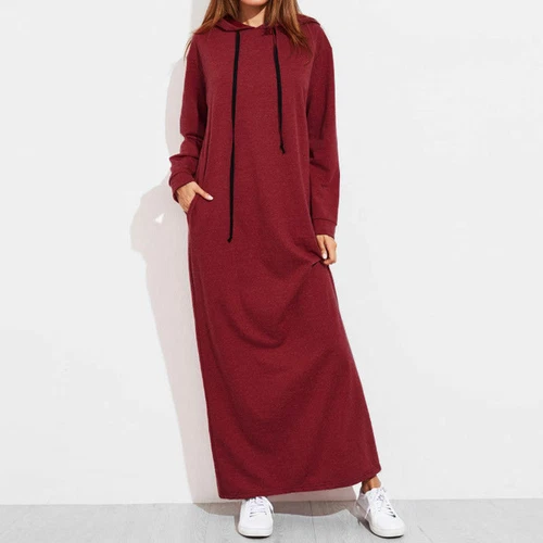 Damen Frauen Langarm Kapuzen Hoodie Sweatshirt Winter Herbst Maxikleid Party - Bild 9 von 13