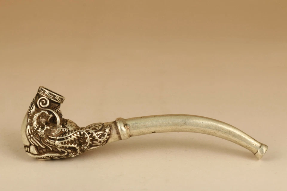 Raro Tíbet Plata Cobre Herramienta para Fumar Estatua Antigua Apertura Sagrada Cabeza de Dragón Pipa Foto 3 de 4