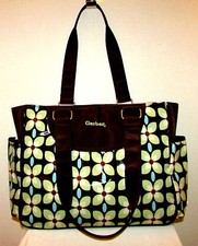 GERBER BROWN WITH FLOWER PRINT COATED CANVAS DIAPER BAG W STAIN RESISTANT LINING