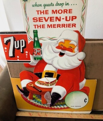珍品！アメリカ買付け1980's Vintage 7up SANTA WORKS Vintage 7UP Soda Santa Claus Christmas Price Card - Original Store