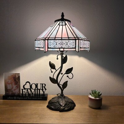 Tiffany Style Table Lamp Sky Color Hexagon Stained Glass Included LED Bulb H22 