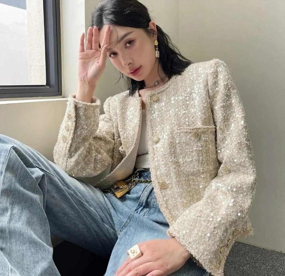 Chaqueta de lentejuelas de tweed boucle champagne hecha a mano S,M,L,XL Foto 4 de 4