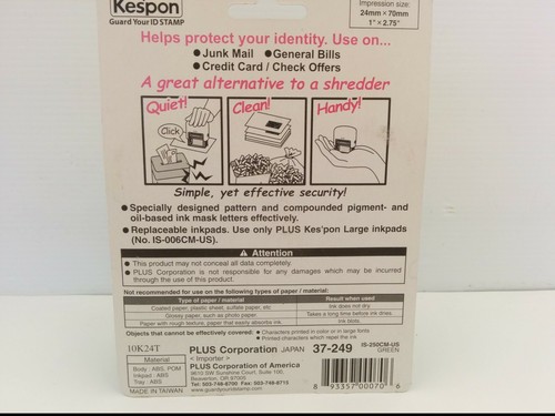 KESPON 10K24T GUARD YOUR ID PLUS STAMP, HELPS PROTECT YOUR IDENTITY, GREEN, NIB - Picture 3 of 4
