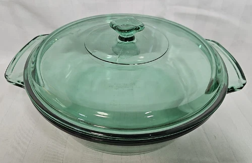 Vintage Anchor Hocking 2qt Green Glass Casserole Bowl 9" With Lid - VGC