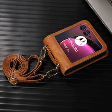 For Moto Razr Ultra Plus 2025 2024 Leather Wallet Rugged Case Crossbody Strap