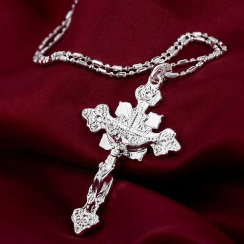 Christian Jesus Cross Catholic Crucifix 925 Sterling Silver Pendant Necklace - Afbeelding 1 van 4