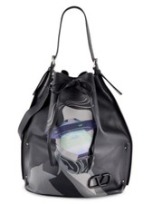 Image of NWT Valentino Garavani $3325 Graphic Leather Crossbody Shoulder Bucket Bag,Black