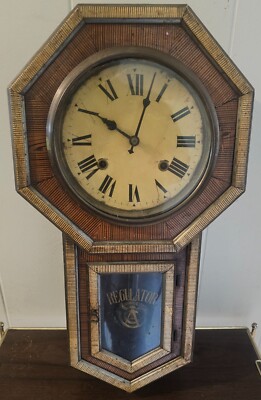 ANTIQUE LONG DROP OCTAGON PENDULUM REGULATOR WALL CLOCK - SCHOOLHOUSE