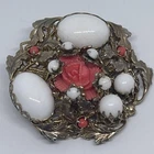 Miriam Haskell ? White & Carved Celluloid Coral Rosette Brooch Ornate 2” Vtg Pin