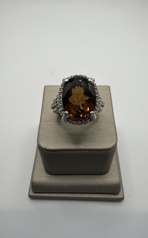 Judith Ripka Brown Smoky Quartz & CZ Cocktail Ring Size 6
