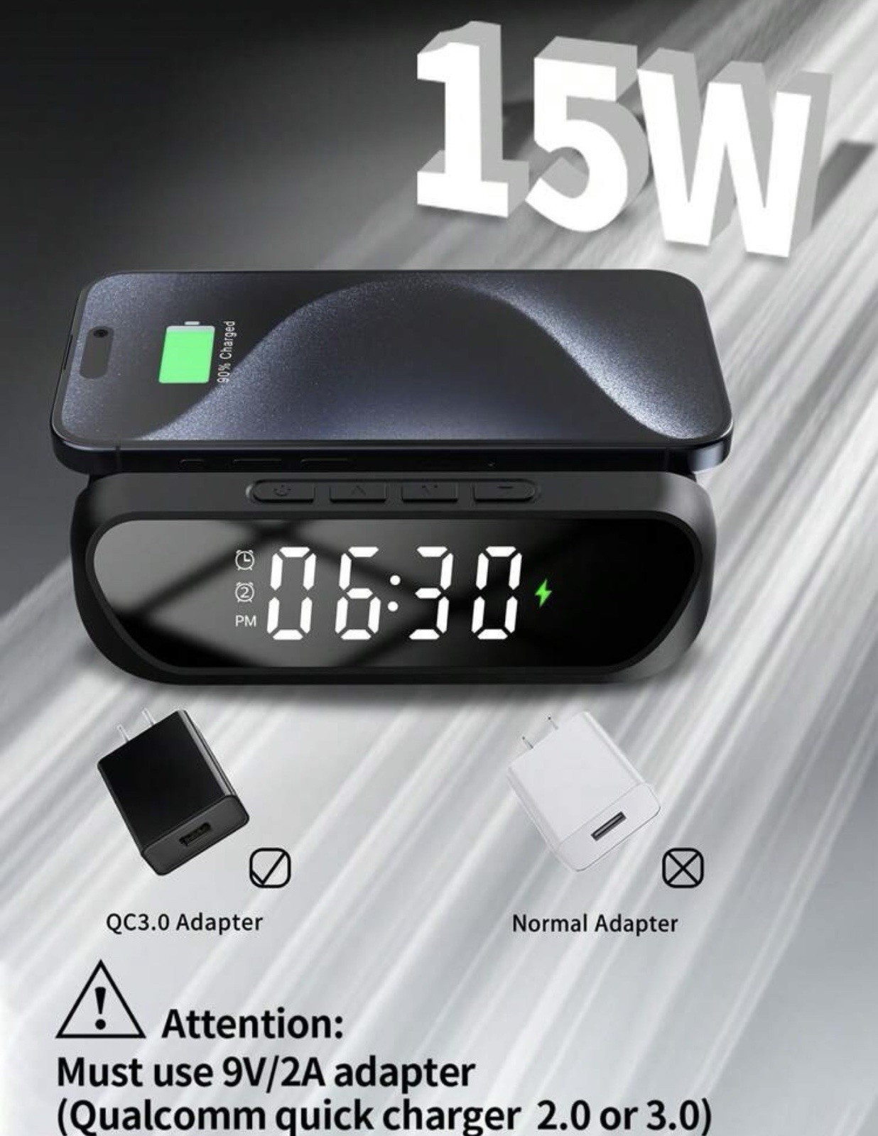 Wireless Charging Alarm Clock 3-In-1 Wireless Charger Fast 15W Charging Digital