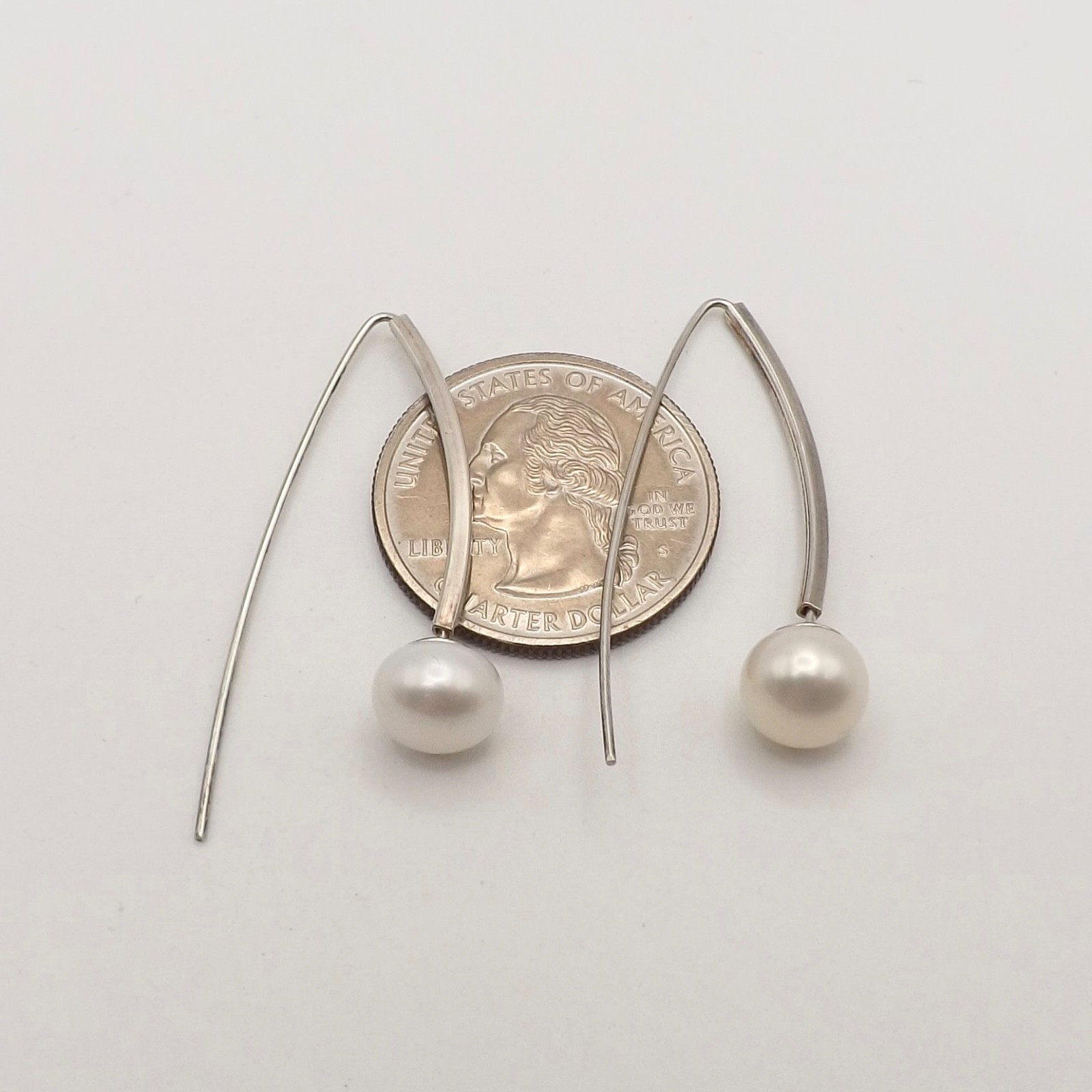 Sterling Silver Button Pearl Drop Threader Earrin… - image 3
