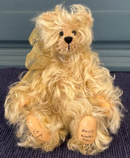 World Of Miniature Bears 5" Bear, Blonde With Soft Curly Hairy  Gold Bow- Rare