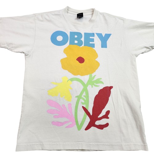 OBEY Shirt Mens Small White Floral Graphic Tee Streetwear Colorful Art Print