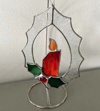 Stained Glass Christmas Candle Holly Suncatcher Window Hanging Holder