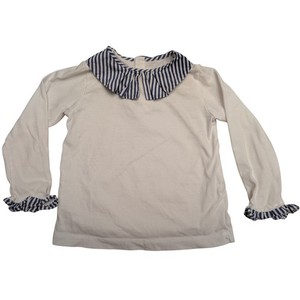 Jacadi Paris Girls White Long Sleeve Top Blue Striped Ruffle Collar Cuffs 4A 4Y