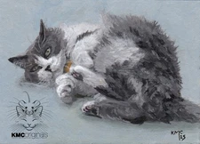 KMCoriginals PRINT Grey White Tabby Cat feline gato Neko Reproduction ACEO art